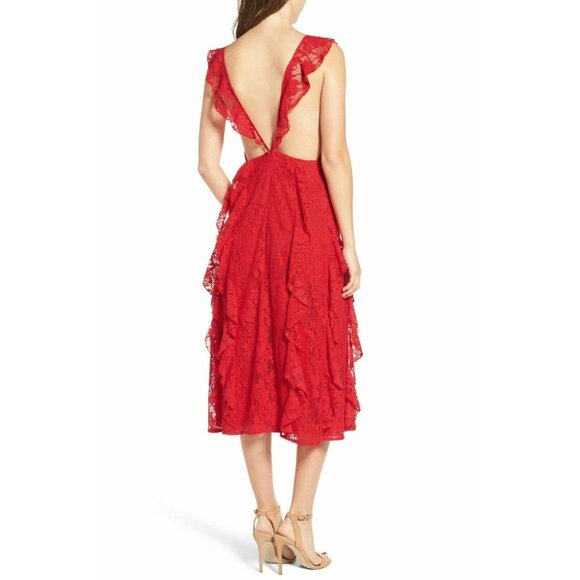 AFRM Women’s Ingrid Red Lace Ruffle Midi Dress Plunge V-Neck Size XS - Picture 15 of 16